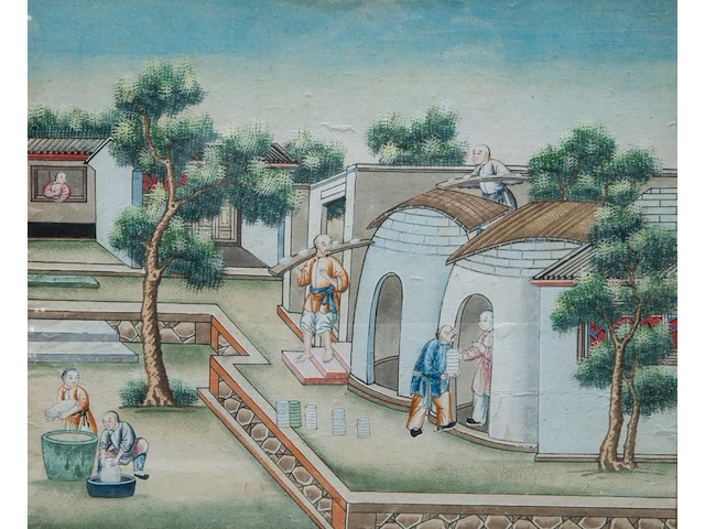 A series of two chinese canton paintings, 'the porcelain production', late 19thc, framed 63 x 55 cm (each) - afbeelding 4 van  5