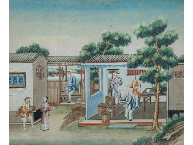 A series of two chinese canton paintings, 'the porcelain production', late 19thc, framed 63 x 55 cm (each) - afbeelding 5 van  5