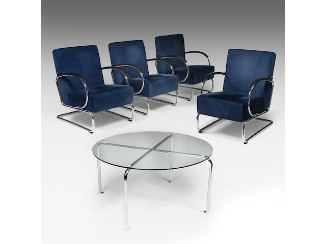 A set of four 407 armchairs and a matching circular coffee table, designed by willem hendrik gispen by dutch originals the chair: 83 x 59 x 82 cm. (32.67 x 23.23 x 32.28 in.), the table 47 x 90 cm. (18 1/2 x 35.42 in.) - afbeelding 1 van  14