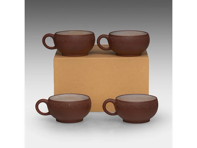 A set of four chinese 'ruyi head' zisha cups, marked by an artist, republic period, h 4 - l 9 cm - afbeelding 1 van  9