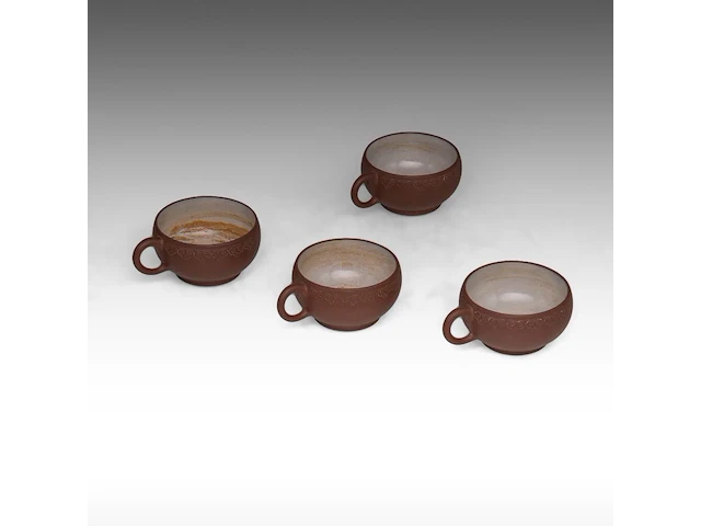 A set of four chinese 'ruyi head' zisha cups, marked by an artist, republic period, h 4 - l 9 cm - afbeelding 3 van  9