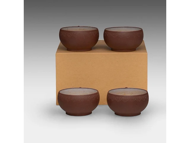 A set of four chinese 'ruyi head' zisha cups, marked by an artist, republic period, h 4 - l 9 cm - afbeelding 5 van  9
