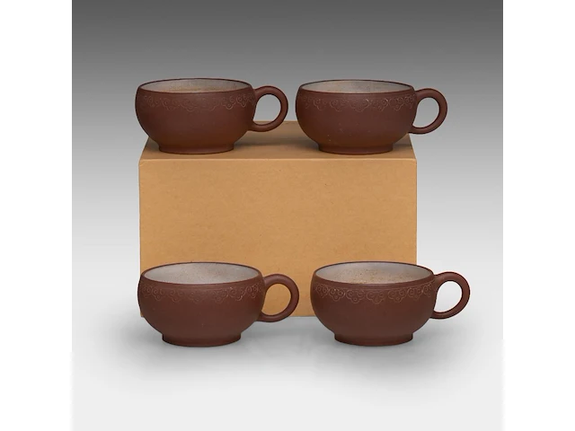 A set of four chinese 'ruyi head' zisha cups, marked by an artist, republic period, h 4 - l 9 cm - afbeelding 6 van  9