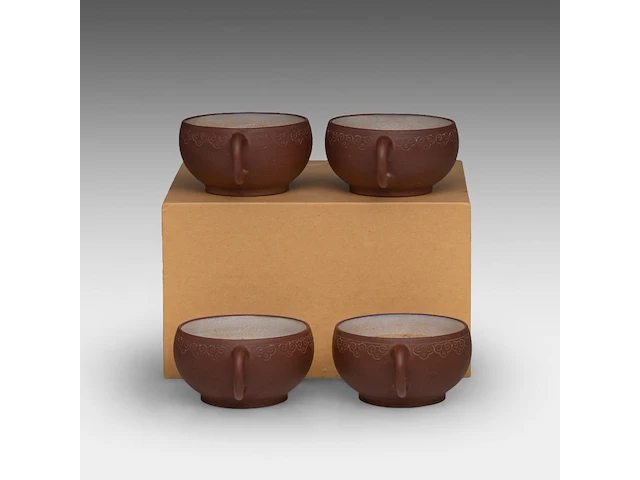 A set of four chinese 'ruyi head' zisha cups, marked by an artist, republic period, h 4 - l 9 cm - afbeelding 7 van  9