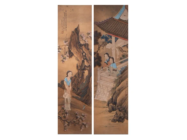 A set of two chinese paintings, 'beauties on a terrace', signed, late qing (early 20thc), framed 153 x 53 cm (one frame) - afbeelding 4 van  15