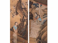 A set of two chinese paintings, 'beauties on a terrace', signed, late qing (early 20thc), framed 153 x 53 cm (one frame)