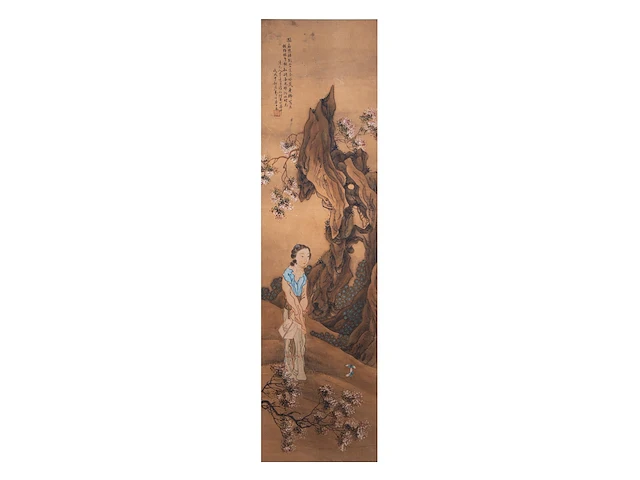 A set of two chinese paintings, 'beauties on a terrace', signed, late qing (early 20thc), framed 153 x 53 cm (one frame) - afbeelding 8 van  15