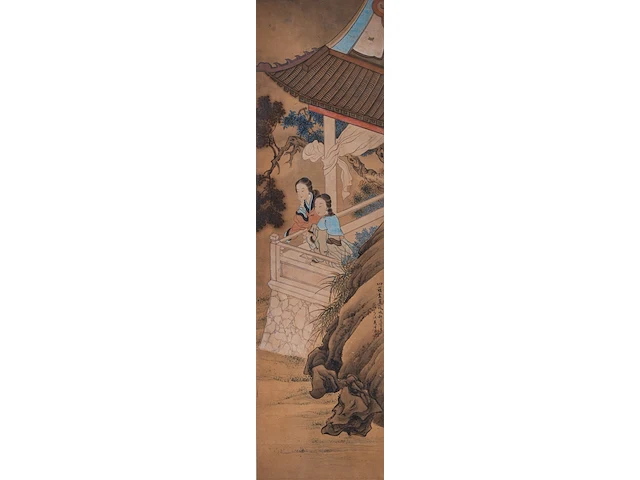 A set of two chinese paintings, 'beauties on a terrace', signed, late qing (early 20thc), framed 153 x 53 cm (one frame) - afbeelding 11 van  15