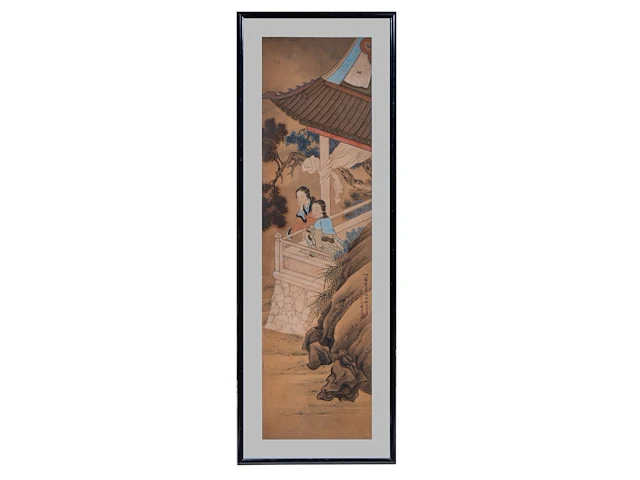 A set of two chinese paintings, 'beauties on a terrace', signed, late qing (early 20thc), framed 153 x 53 cm (one frame) - afbeelding 12 van  15