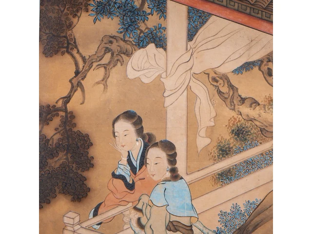 A set of two chinese paintings, 'beauties on a terrace', signed, late qing (early 20thc), framed 153 x 53 cm (one frame) - afbeelding 15 van  15