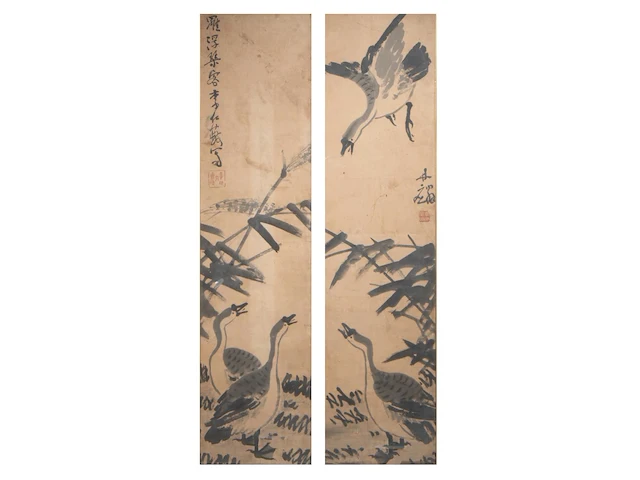 A set of two chinese paintings, 'reeds and geese', ink on paper, signed and seal stamped, republic period, framed 53 x 158,5 cm (each) - afbeelding 1 van  7