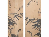 A set of two chinese paintings, 'reeds and geese', ink on paper, signed and seal stamped, republic period, framed 53 x 158,5 cm (each)