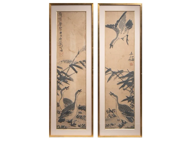 A set of two chinese paintings, 'reeds and geese', ink on paper, signed and seal stamped, republic period, framed 53 x 158,5 cm (each) - afbeelding 2 van  7