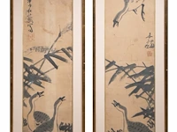 A set of two chinese paintings, 'reeds and geese', ink on paper, signed and seal stamped, republic period, framed 53 x 158,5 cm (each) - afbeelding 2 van  7