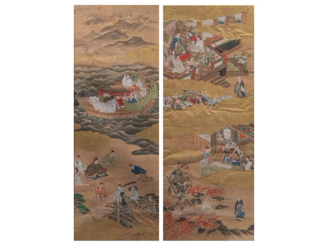 A set of two japanese paintings with scenes from the tale of taishokan, gold, ink and watercolour on paper, marked, edo period (1644-1868), framed 134 cm x 50 cm (each) - afbeelding 1 van  7