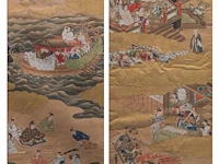 A set of two japanese paintings with scenes from the tale of taishokan, gold, ink and watercolour on paper, marked, edo period (1644-1868), framed 134 cm x 50 cm (each)