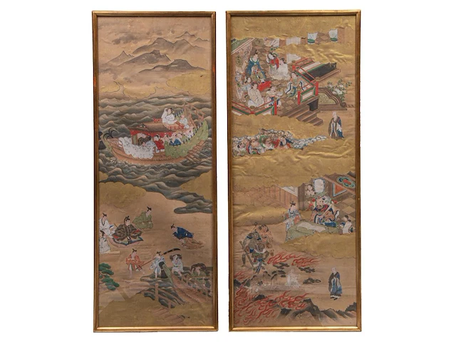 A set of two japanese paintings with scenes from the tale of taishokan, gold, ink and watercolour on paper, marked, edo period (1644-1868), framed 134 cm x 50 cm (each) - afbeelding 2 van  7