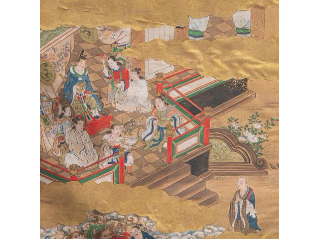 A set of two japanese paintings with scenes from the tale of taishokan, gold, ink and watercolour on paper, marked, edo period (1644-1868), framed 134 cm x 50 cm (each) - afbeelding 4 van  7