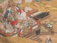 A set of two japanese paintings with scenes from the tale of taishokan, gold, ink and watercolour on paper, marked, edo period (1644-1868), framed 134 cm x 50 cm (each) - afbeelding 4 van  7