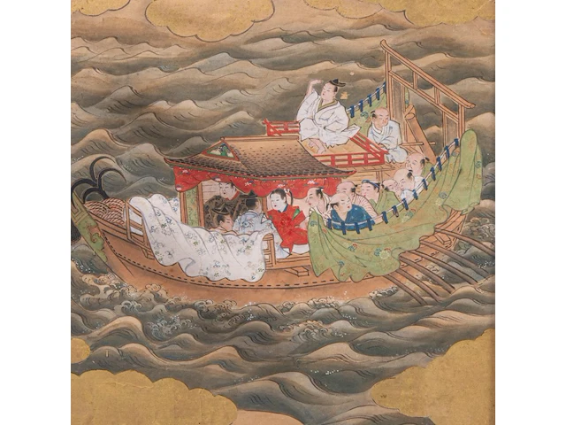 A set of two japanese paintings with scenes from the tale of taishokan, gold, ink and watercolour on paper, marked, edo period (1644-1868), framed 134 cm x 50 cm (each) - afbeelding 5 van  7