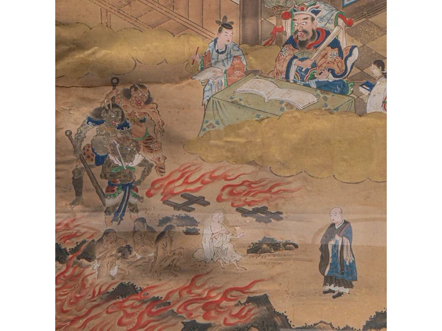A set of two japanese paintings with scenes from the tale of taishokan, gold, ink and watercolour on paper, marked, edo period (1644-1868), framed 134 cm x 50 cm (each) - afbeelding 6 van  7