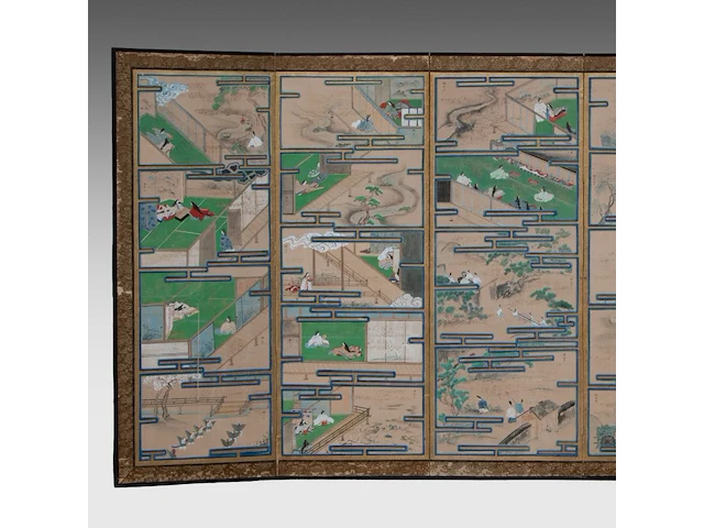 A set of two japanese six-panel byobu folding screens, 'the tale of genji', meiji period (early 20thc), 353 x 153 cm (one screen) - afbeelding 2 van  11