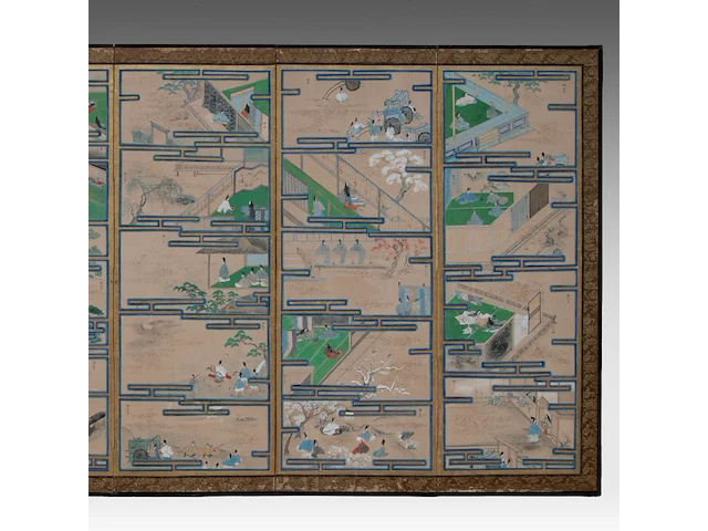 A set of two japanese six-panel byobu folding screens, 'the tale of genji', meiji period (early 20thc), 353 x 153 cm (one screen) - afbeelding 3 van  11