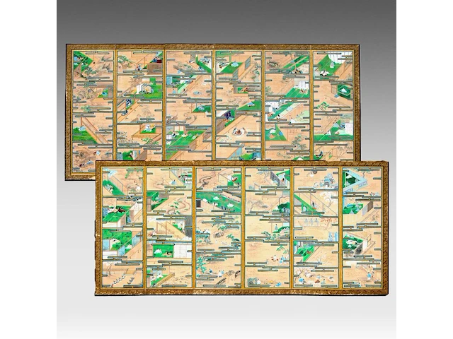 A set of two japanese six-panel byobu folding screens, 'the tale of genji', meiji period (early 20thc), 353 x 153 cm (one screen) - afbeelding 1 van  11