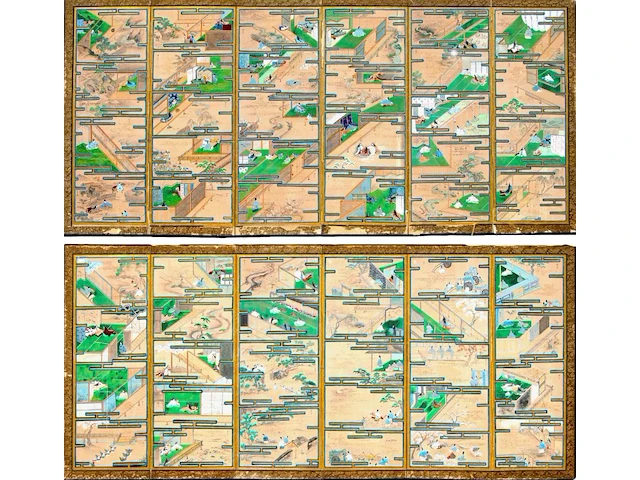 A set of two japanese six-panel byobu folding screens, 'the tale of genji', meiji period (early 20thc), 353 x 153 cm (one screen) - afbeelding 4 van  11