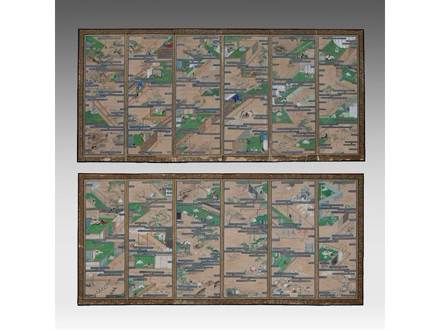 A set of two japanese six-panel byobu folding screens, 'the tale of genji', meiji period (early 20thc), 353 x 153 cm (one screen) - afbeelding 5 van  11
