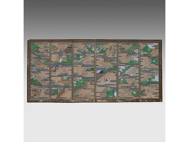 A set of two japanese six-panel byobu folding screens, 'the tale of genji', meiji period (early 20thc), 353 x 153 cm (one screen) - afbeelding 6 van  11