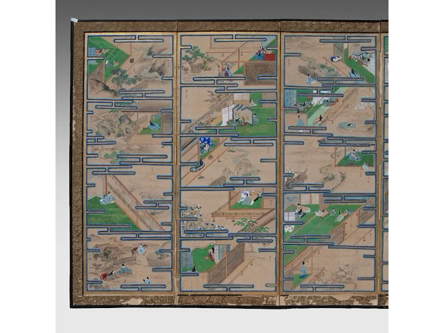 A set of two japanese six-panel byobu folding screens, 'the tale of genji', meiji period (early 20thc), 353 x 153 cm (one screen) - afbeelding 8 van  11