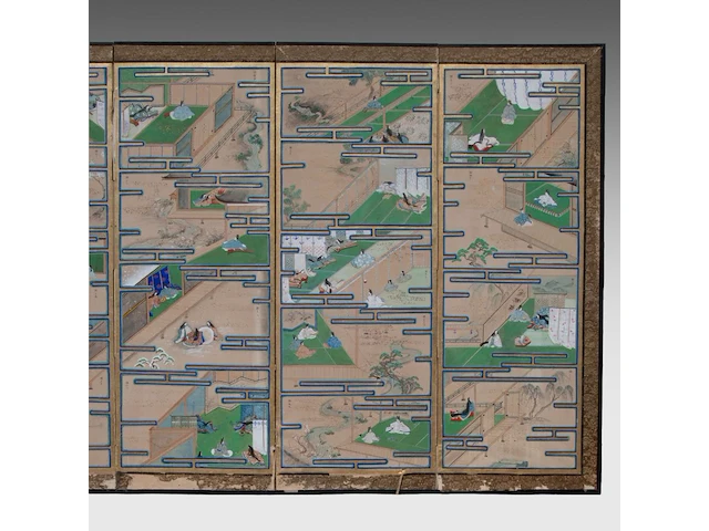 A set of two japanese six-panel byobu folding screens, 'the tale of genji', meiji period (early 20thc), 353 x 153 cm (one screen) - afbeelding 9 van  11