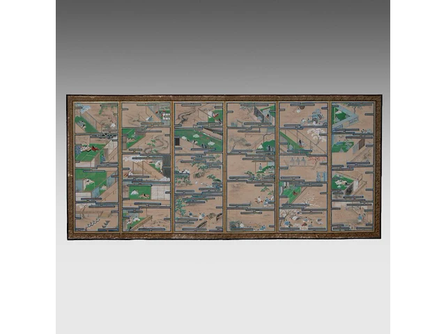 A set of two japanese six-panel byobu folding screens, 'the tale of genji', meiji period (early 20thc), 353 x 153 cm (one screen) - afbeelding 10 van  11