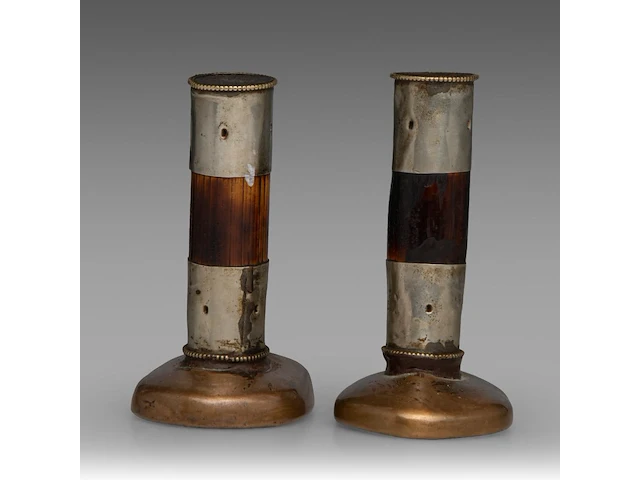 A set of two tibetan bronze tsa tsa mould seals, one depicting manjushri, the other possibly samantabhadra/avalokitesvara, 19thc, h 14 - 14,6 cm - afbeelding 3 van  8
