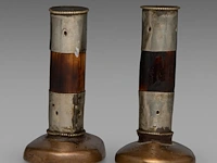 A set of two tibetan bronze tsa tsa mould seals, one depicting manjushri, the other possibly samantabhadra/avalokitesvara, 19thc, h 14 - 14,6 cm - afbeelding 3 van  8
