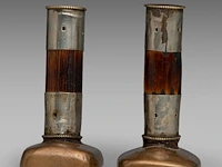 A set of two tibetan bronze tsa tsa mould seals, one depicting manjushri, the other possibly samantabhadra/avalokitesvara, 19thc, h 14 - 14,6 cm - afbeelding 5 van  8