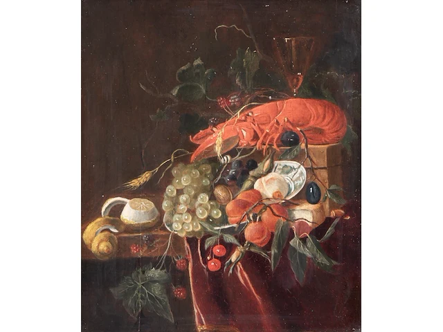 A still life with lobster, after the dutch golden age, 19thc, oil on panel 26 x 21 cm. (10.24 x 8.26 in.), frame: 48 x 51 cm. (18.89 x 20.07 in.) - afbeelding 1 van  3