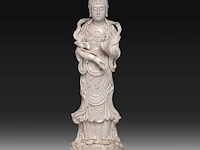A tall chinese blanc-de-chine standing guanyin, marked wu mu sen, 20thc, total h 97,5 cm