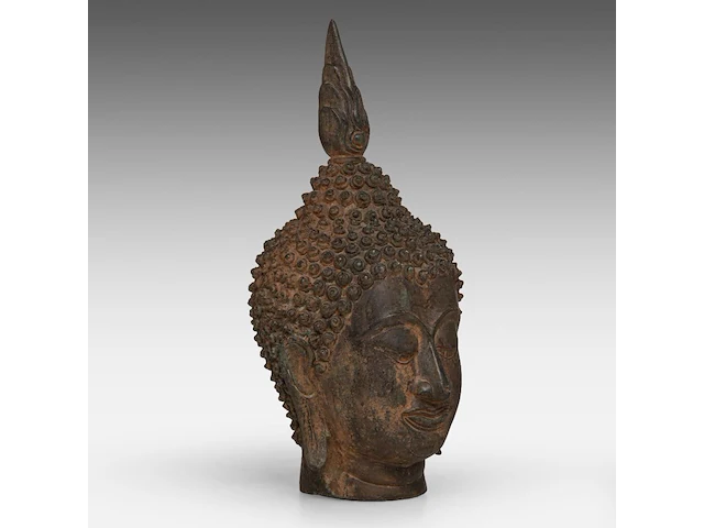 A thai bronze head of buddha, sukhothai style, h 25,7 cm - afbeelding 6 van  6
