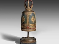 A thai rattanakosin style polychrome and gilt cast-iron buddhist temple bell, 19thc, total h 89.5 cm