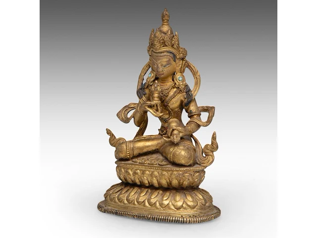 A tibetan gilt bronze figure of vajrassattva, early 19thc, h 14 cm - weight about 565 g - afbeelding 2 van  8