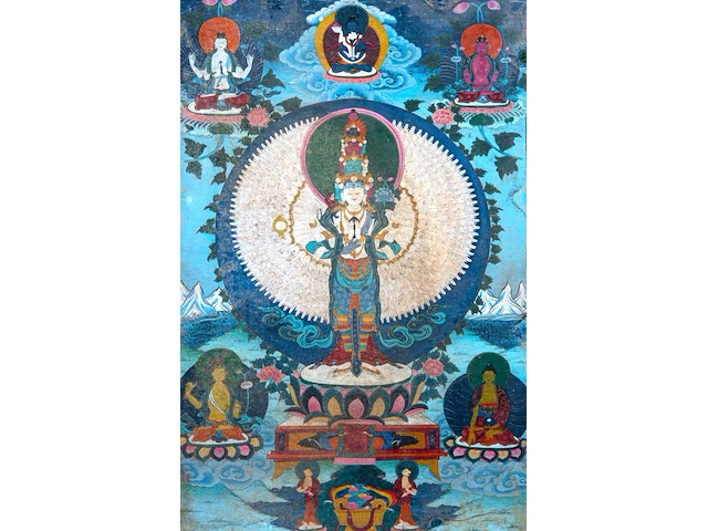 A tibetan thangka, 'eleven-headed avalokiteshvara/chenrezig', 19thc, framed 59 x 87 cm - afbeelding 1 van  10