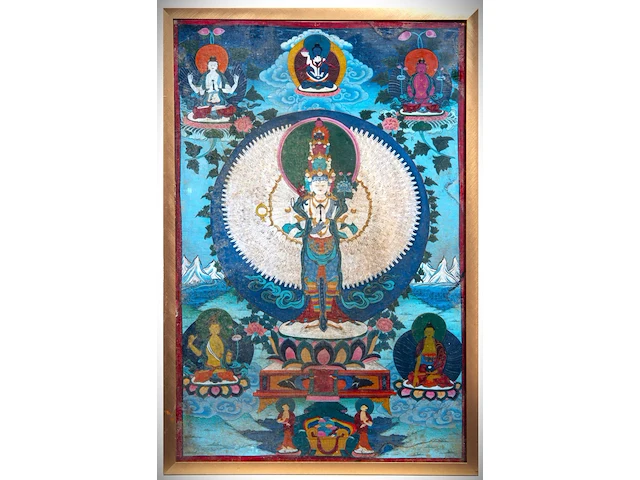 A tibetan thangka, 'eleven-headed avalokiteshvara/chenrezig', 19thc, framed 59 x 87 cm - afbeelding 3 van  10