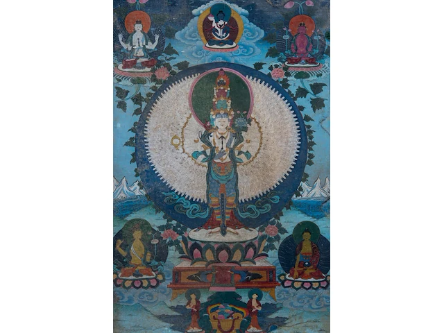 A tibetan thangka, 'eleven-headed avalokiteshvara/chenrezig', 19thc, framed 59 x 87 cm - afbeelding 4 van  10