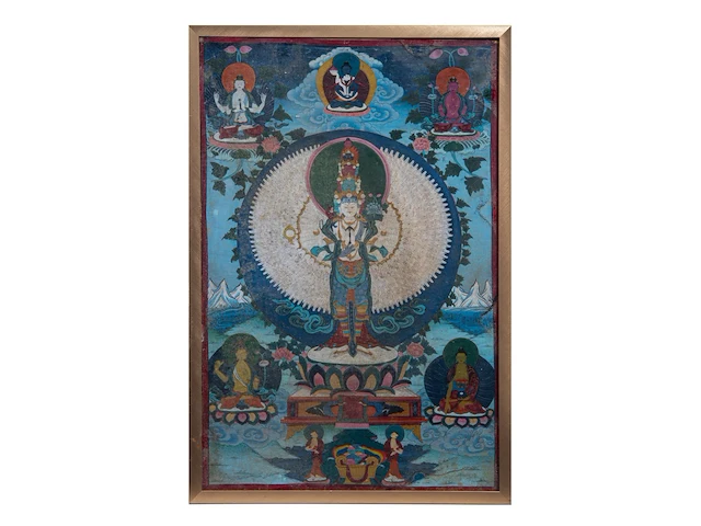 A tibetan thangka, 'eleven-headed avalokiteshvara/chenrezig', 19thc, framed 59 x 87 cm - afbeelding 5 van  10