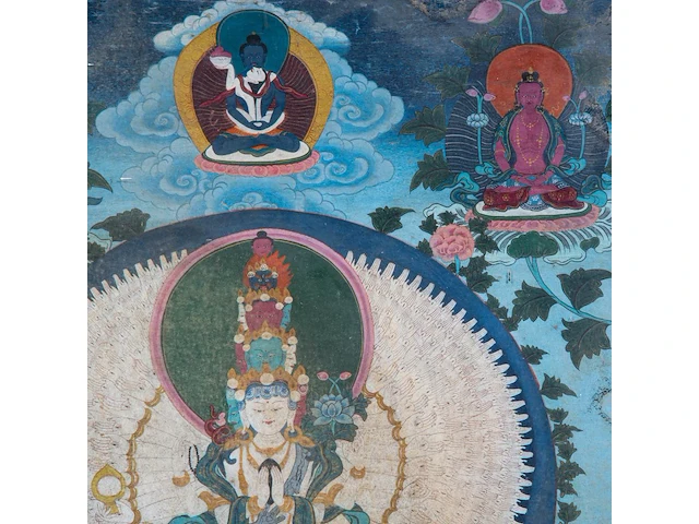 A tibetan thangka, 'eleven-headed avalokiteshvara/chenrezig', 19thc, framed 59 x 87 cm - afbeelding 8 van  10