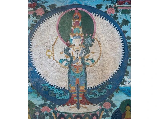 A tibetan thangka, 'eleven-headed avalokiteshvara/chenrezig', 19thc, framed 59 x 87 cm - afbeelding 9 van  10