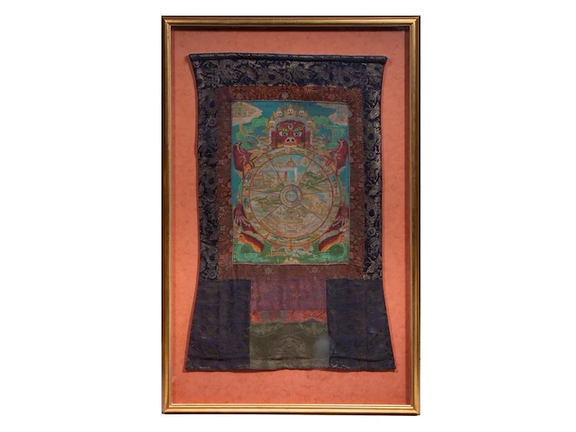 A tibetan thangka, 'yama and the wheel of life (bhavacakra)', 19thc, framed 85 x 132 cm - afbeelding 2 van  5