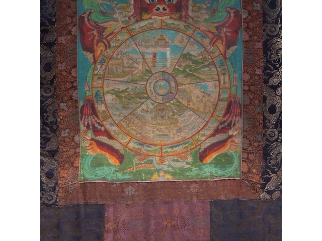 A tibetan thangka, 'yama and the wheel of life (bhavacakra)', 19thc, framed 85 x 132 cm - afbeelding 5 van  5